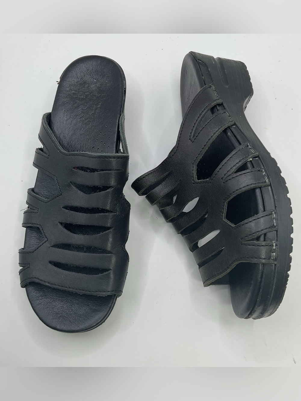 Dansko Black Slip-On Strappy Cutout Wedge Sandals